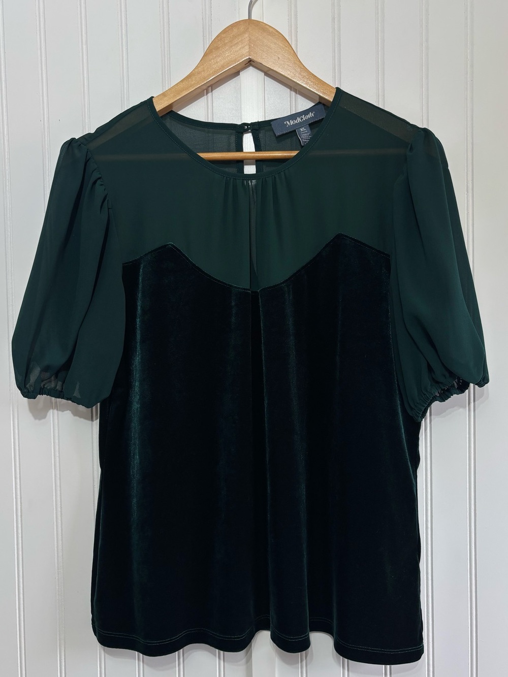ModCloth Emerald Green Velvet Chiffon Puff Sleeve Sweetheart Top Blouse XL